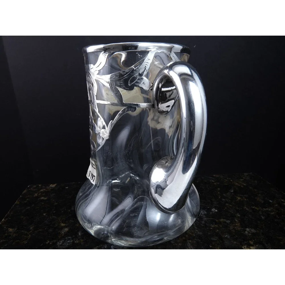 c1900 Art Nouveau Sterling Silver Overlay Art glass Juice Pitcher